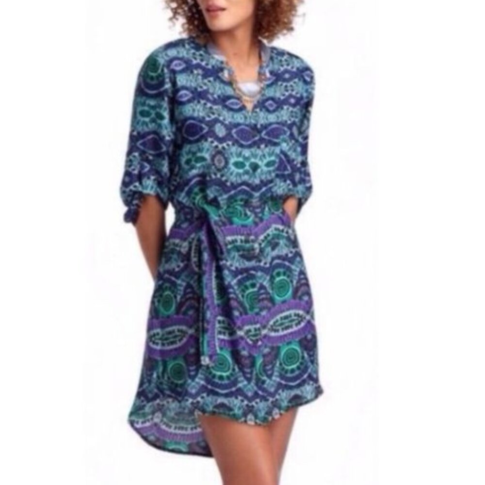 Maeve Ikat Frequencies Belted Shirt Dress Small Blue Green Anthropologie